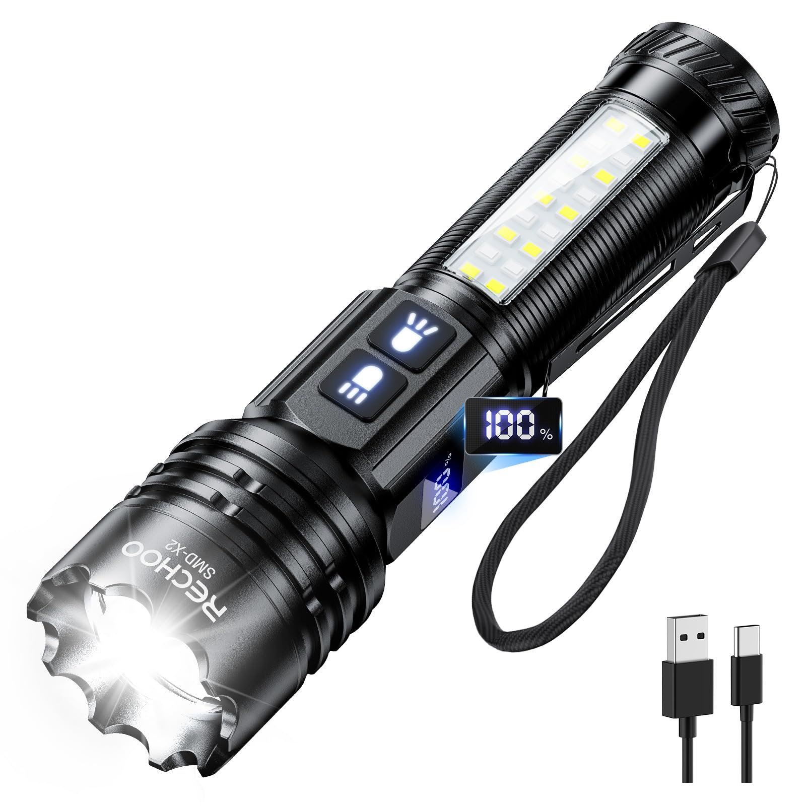 RECHOO Rechargeable Flashlights High Lumens, 7Modes Dual-Switch Flashlight Rechargeable with LCD Digital Display, Super Bright Flashlight Powerful Flash Light LED Flashlights for Home Camping